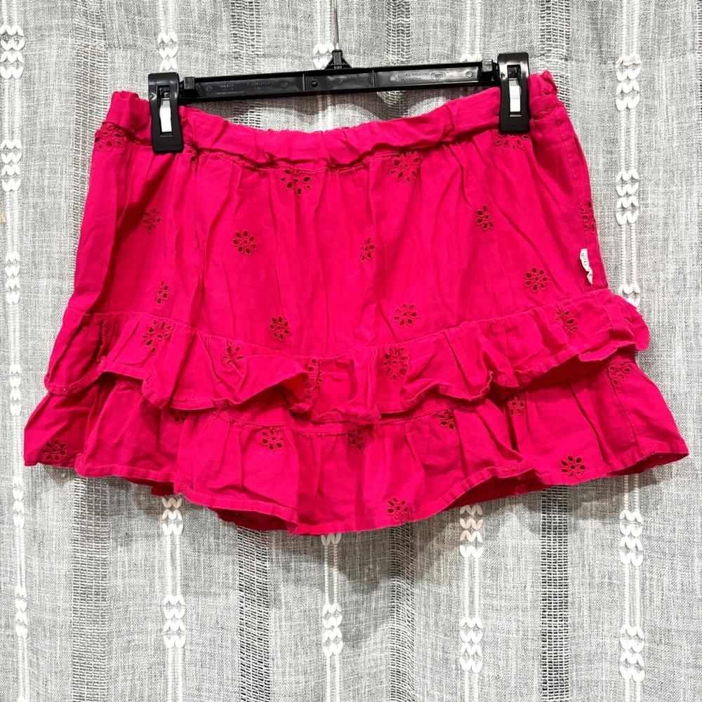 Hollister Tiered Ruffle Mini Skirt Eyelet Hot Pink Lace Design Stretchy Waist S